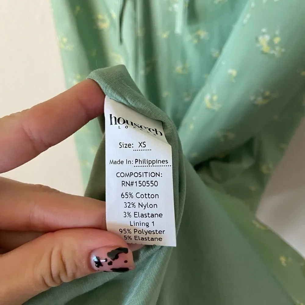 House of Cb Tallulah Olive Midi Green Dress Floral Puff Sleeve Size XS - Picture 12 of 14